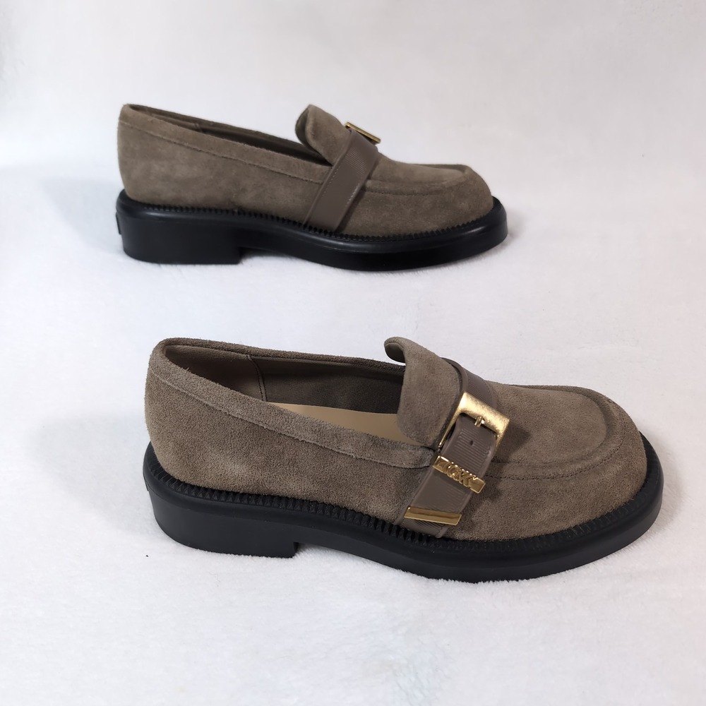 Charles & Keith Loafers Women Taupe Suede Gold Buckle Lug Sole Chunky Platform
